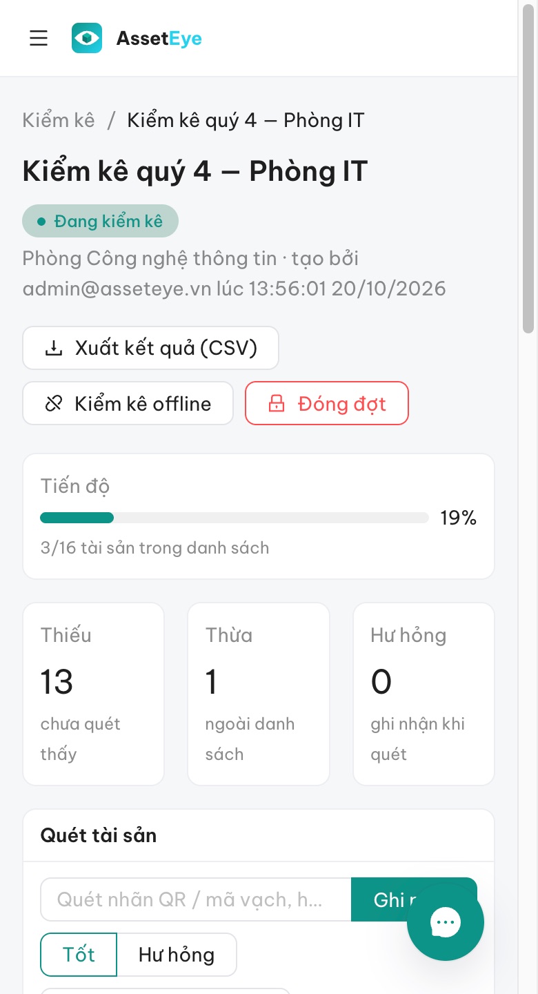 Đợt kiểm kê: tiến độ, thiếu, thừa, hư hỏng